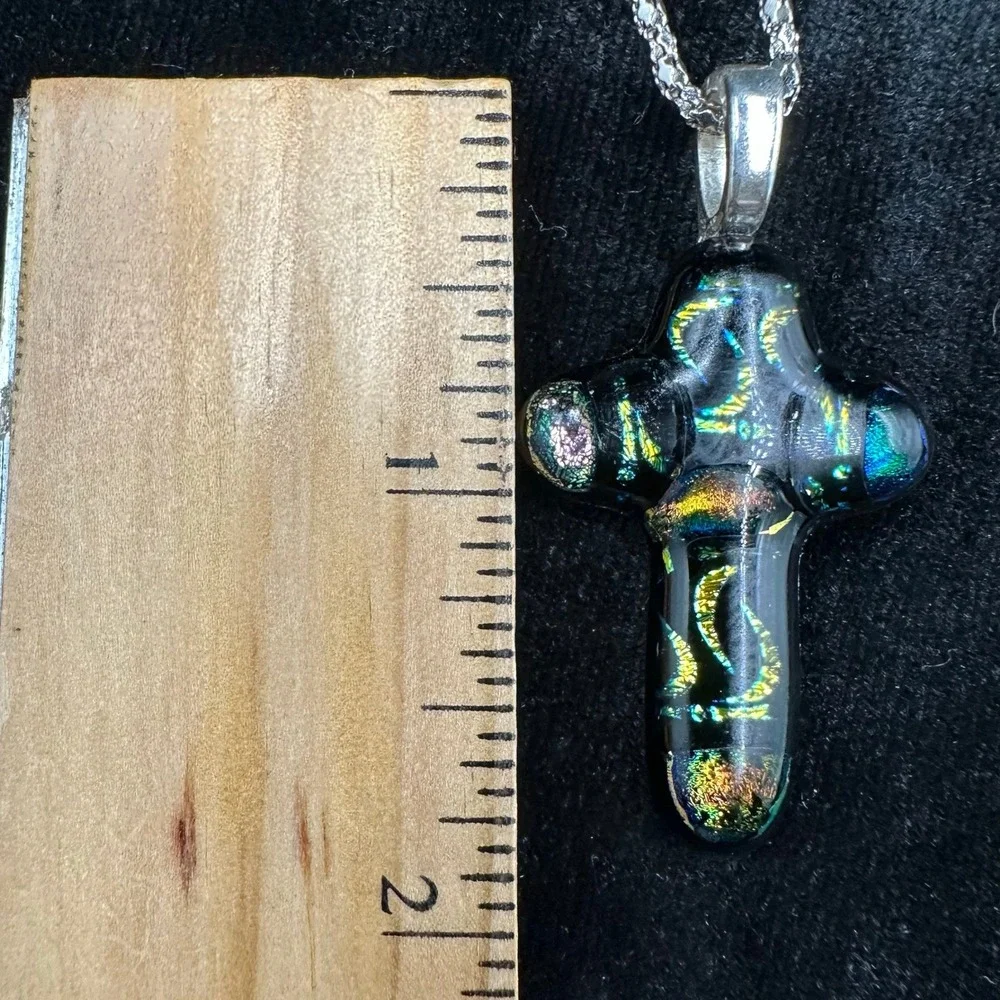 Dichroic Art Glass Cross Pendant‎ Necklace Iridescent Black Gold Teal Christian